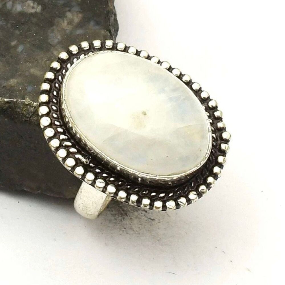Stunning Rainbow Moonstone Ring Large Oval Cabochon Silver Size 7 New